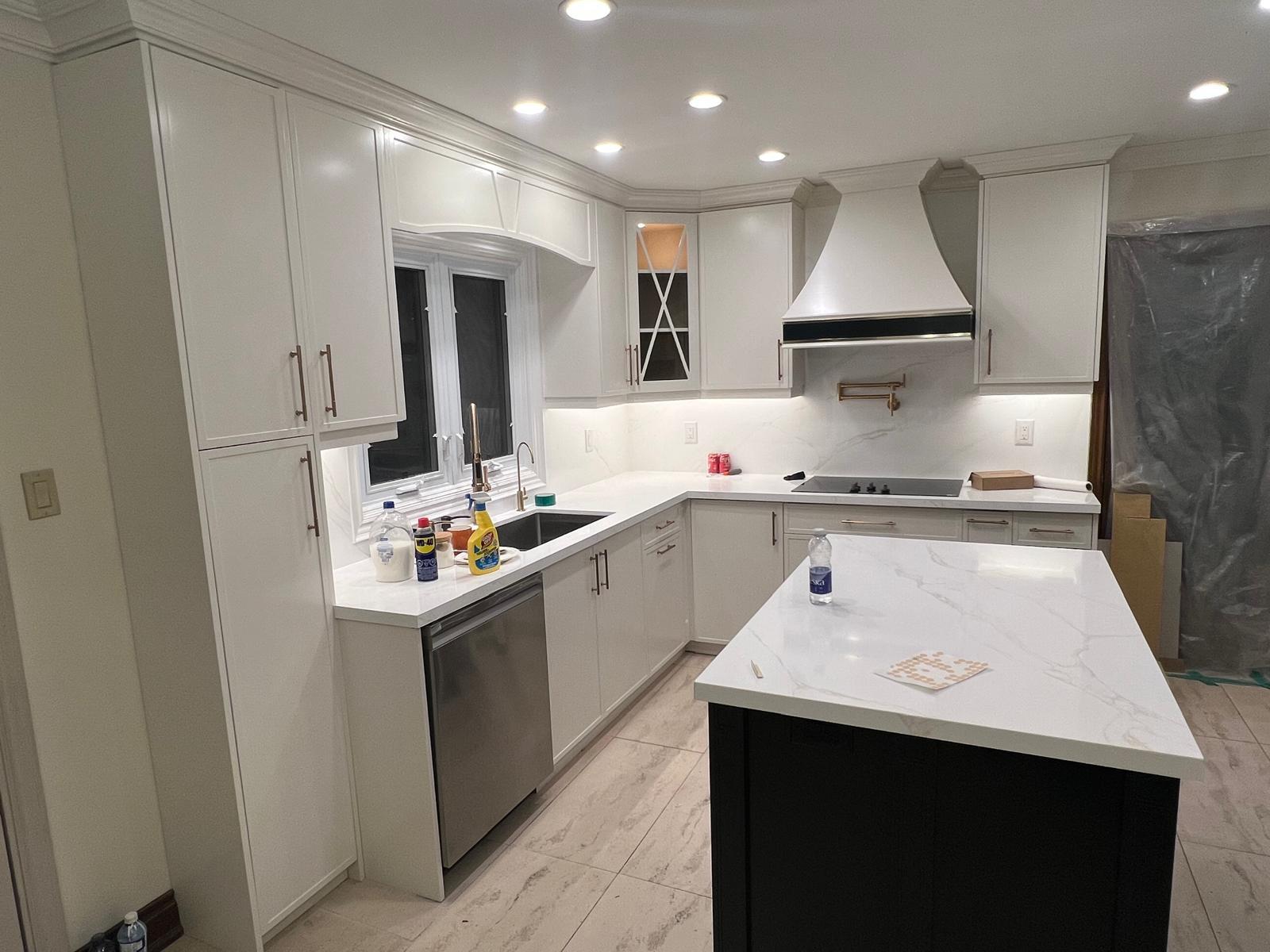 Custom hood vent kitchen with gold pot filler and navy island